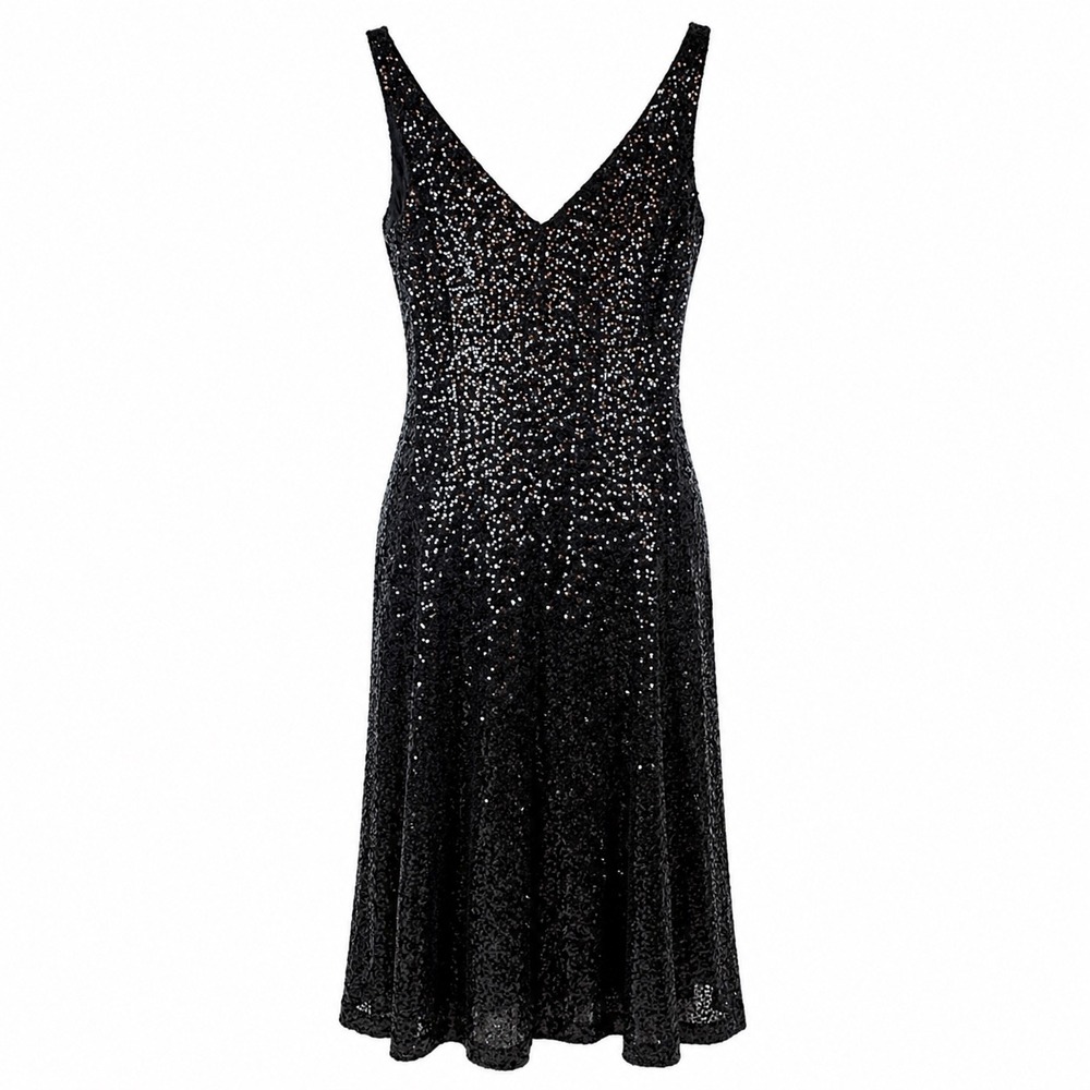 Lauren Ralph Lauren Evening Black All Over Sequined V-Neck Cocktail Dress Sz 10